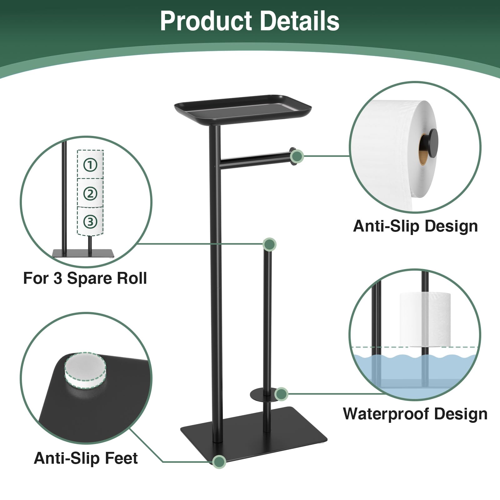 Soporte de papel higiénico con estante de almacenamiento superior, dispensador de rollos de papel higiénico para baño, capacidad para 4 rollos de reserva 5