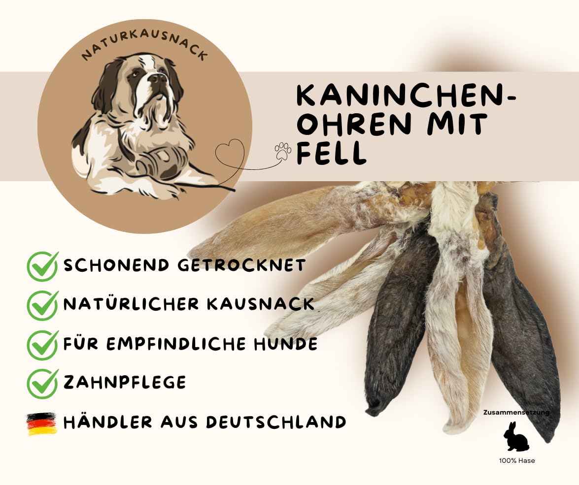 Warnick's Hundesnack Kaninchenohren mit Fell - 3 kg | Naturkausnack für Hunde - Darmreinigend & hypoallergen - Schonend getrocknet ohne Zusätze - Zur Zahnpflege