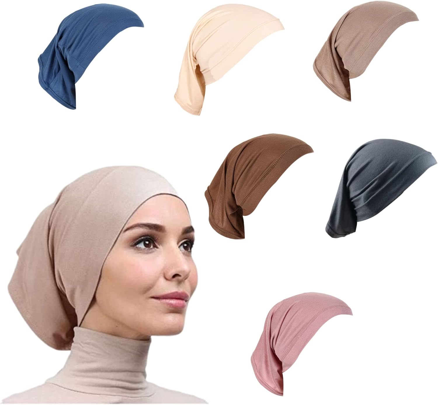 6 Pieces Women Under Scarf Hat Cap Bonnet Inner Hijab Islamic Neck Cover Muslim Stretch Tube Cap Headband