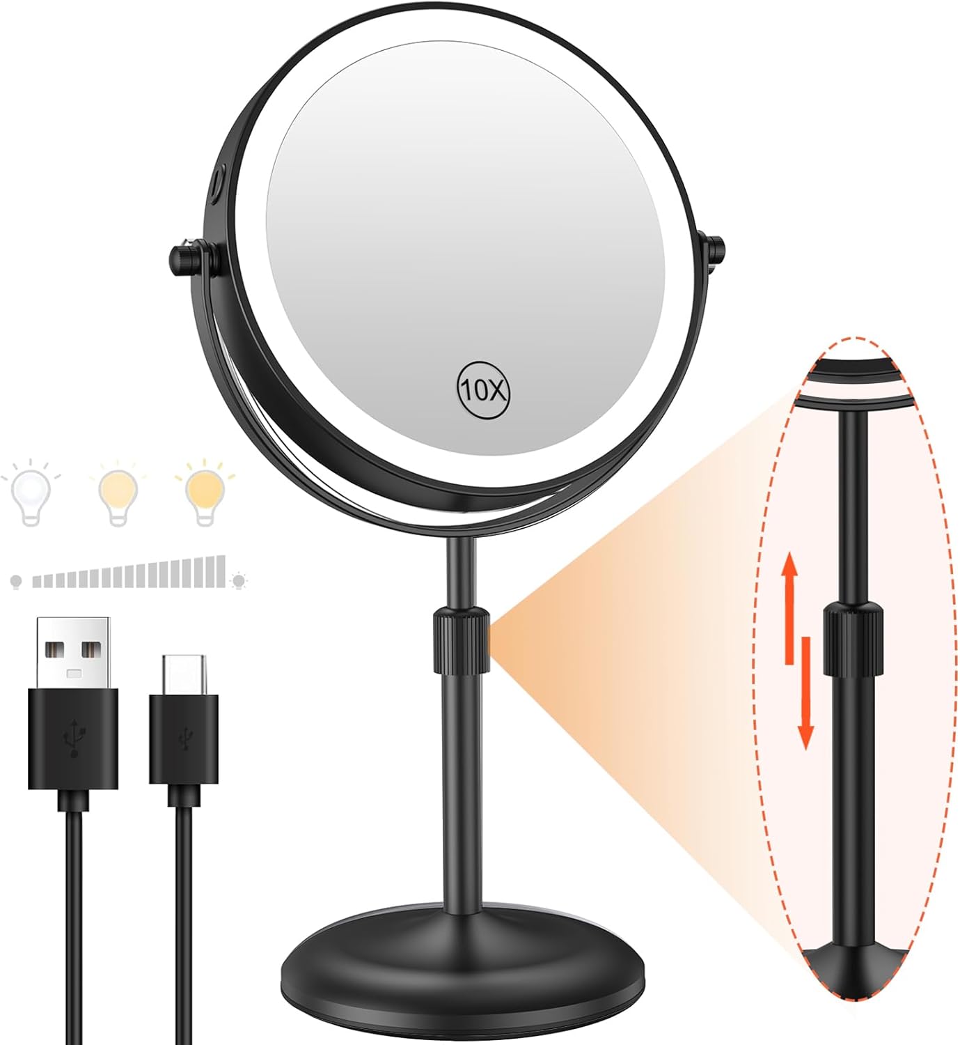 Benbilry Lighted Makeup Mirror with 10X Magnification & 3 Color Lights, Adjustable Brightness & Height, 7 Inch 360° Swivel Rechargeable LED Magnifying Make Up Vanity Mirror with Lighting (Black)