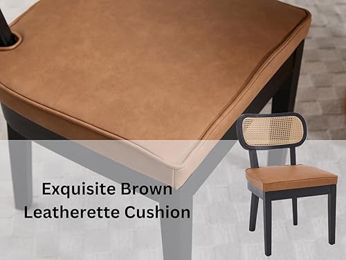 Miniatura 4 de Juego de 2 sillas de comedor de ratán de granja, sillas modernas de madera para cocina y comedor con respaldo de caña, cómodo asiento tapizado de