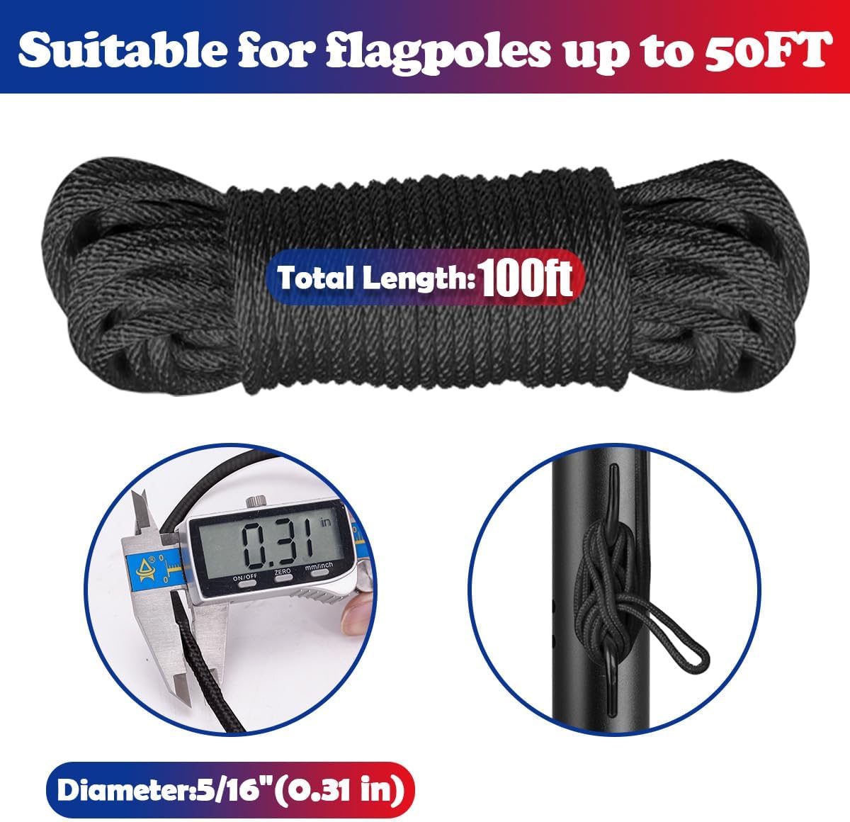 Flag Pole Kit for Outdoor Use, Black Flagpole Hardware Repair Parts Kit with Cleat Hook | 100FT Rope Replacement, All- Stainless Steel Hardware Include Mounting Screws