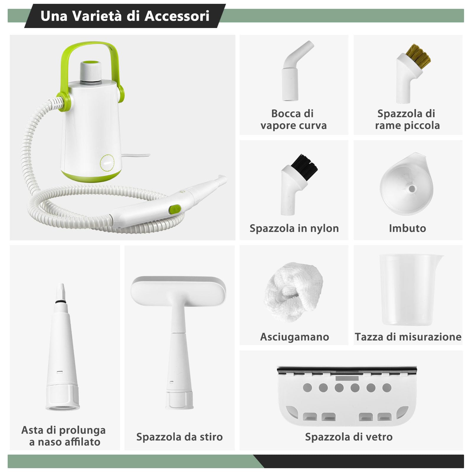 RELAX4LIFE Limpiador a vapor portátil de 1000 W, limpiador multiusos con 10 accesorios, depósito de agua de 300 ml, para suelo de moqueta, cortinas, asientos de coche, cocina, baños (300 ml, verde)