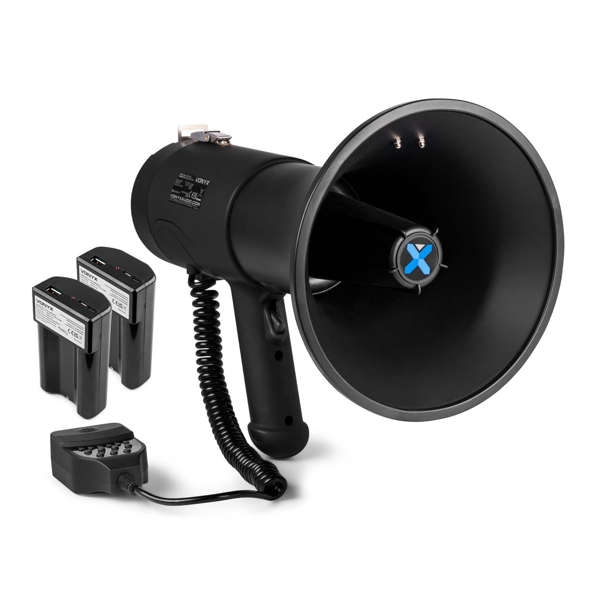 Vonyx MEG075 - Megáfono portátil Potente 75W con Bluetooth, USB, microSD, 2 baterías Recargables, megáfono pequeño con Sirena, micrófono con Cable, Ideal para Fiestas, Eventos y Despedidas de Soltera
