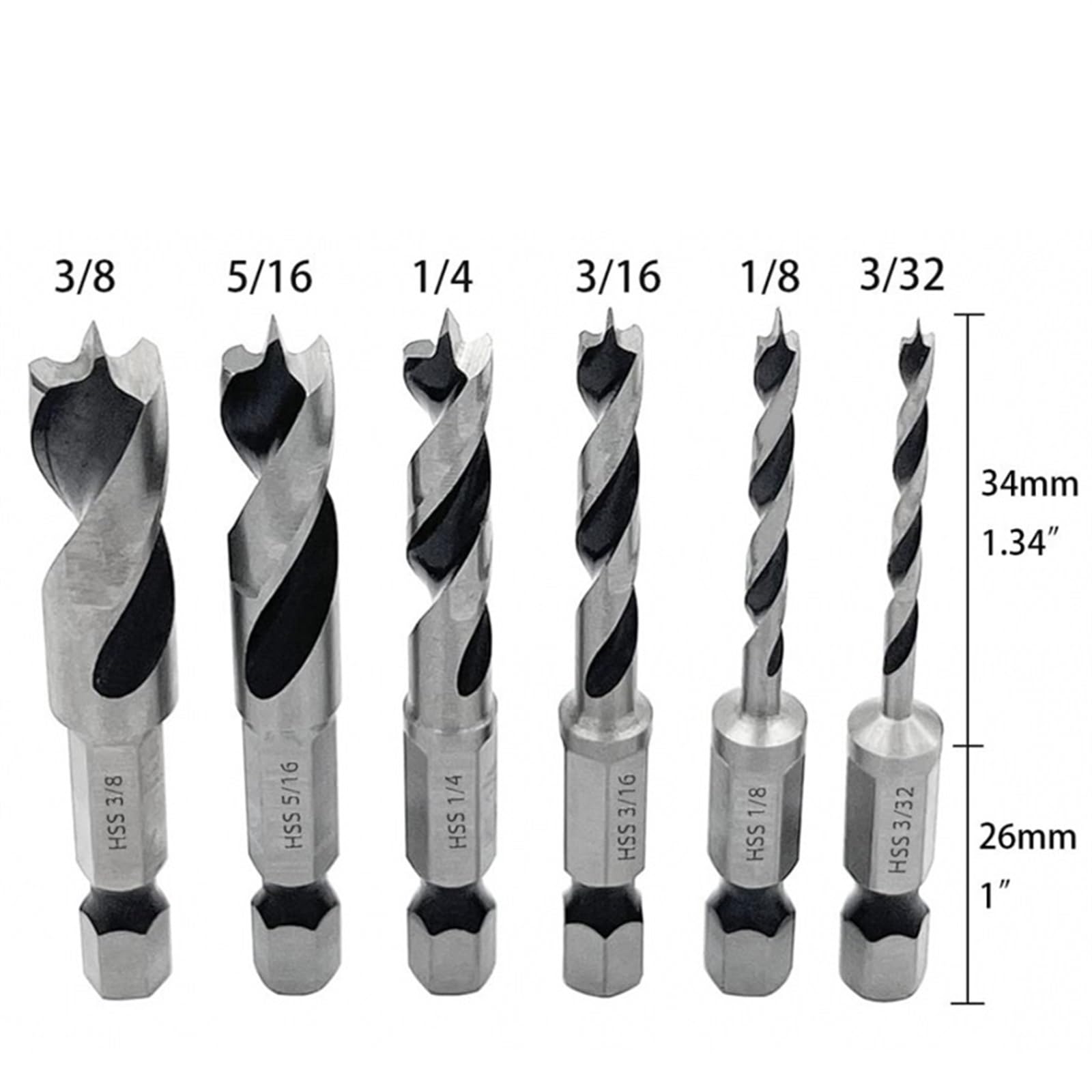 Juego de brocas cortas for carpintería, punta de clavo, herramientas de corte de cambio rápido, 3/32", 1/8", 3/16", 1/4", 5/16", 3/8", 1 unidad(Set B(6PCS))