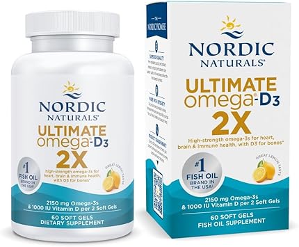 Nordic Naturals Ultimate Omega 2X with Vitamin D3, Lemon Flavor - 60 Soft Gels - 2150 mg Omega-3 + 1000 IU D3 - EPA & DHA - Brain, Heart, Immune Health - 30 Servings