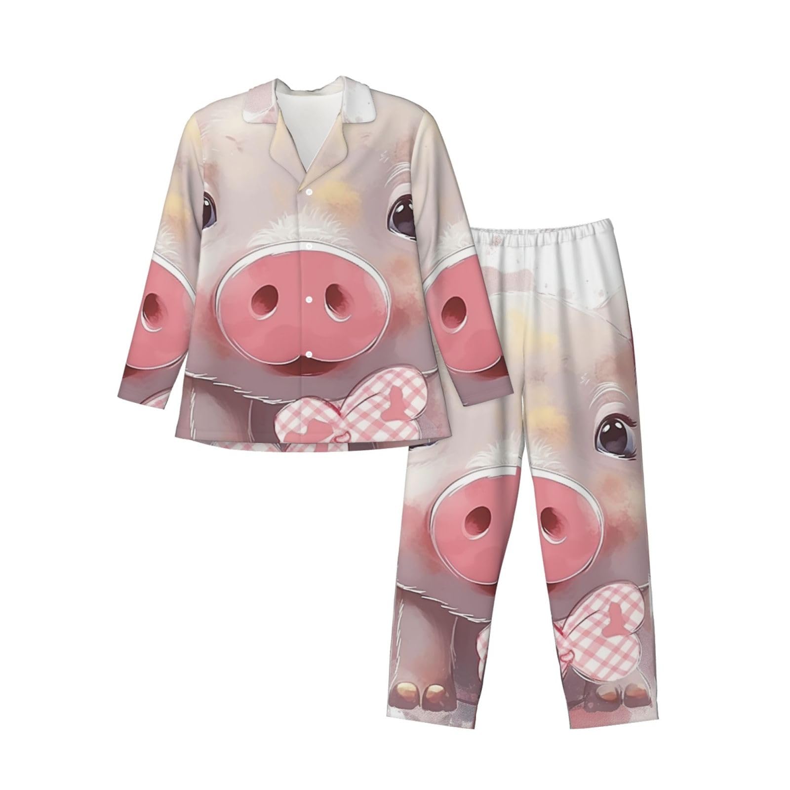 Pocuk Men's Black Lovely Pig Long-Sleeved Pajama Set Loungewear Leisure Loose Nighttime Sleep Relax