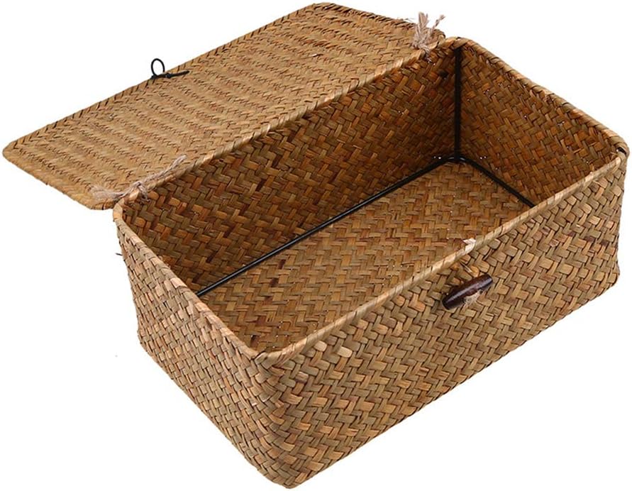 Esoes Wicker Storage Basket Woven Rattan Storage Box With Lids Seagrass Laundry Baskets Makeup Organizer For Bathroom, Living Room, Kitchen (M)