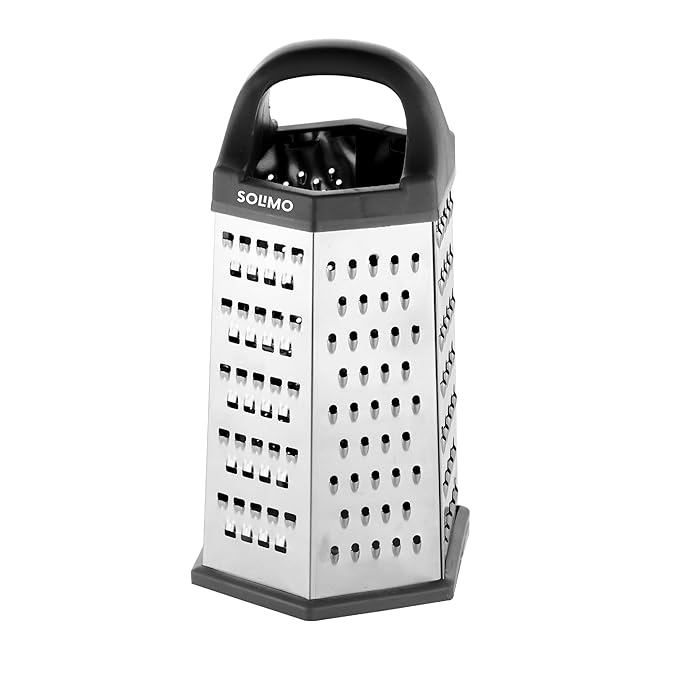 Amazon Brand – Solimo Stainless Steel 7-in-1 Multipurpose Slicer, Grater | Vegetable, Fruit & Cheese Cutter | for Slicing, Grating, Shredding | Rust-Resistant | Black, Silver | 11.1 x 15.9 x 25.5 cm