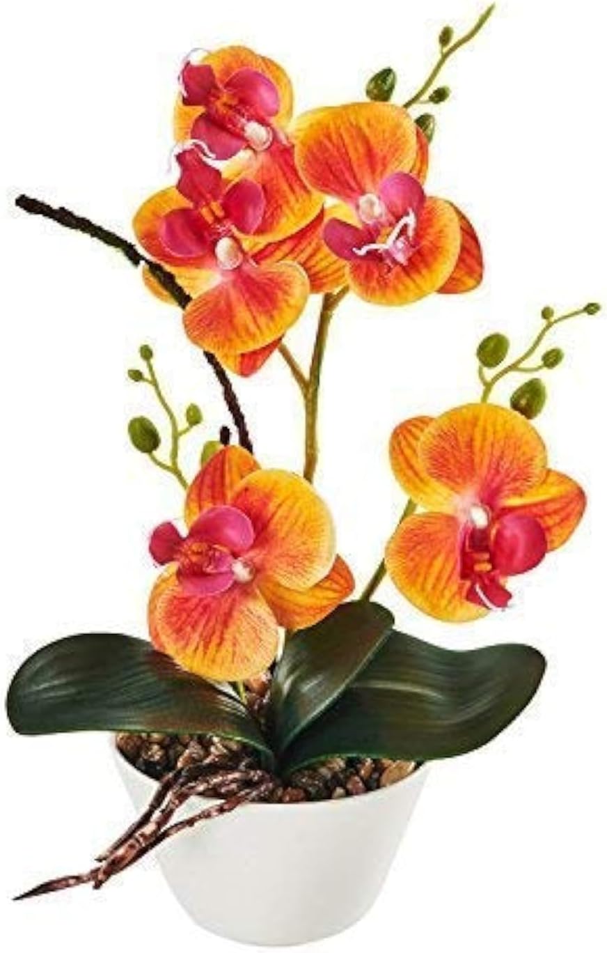 LOUHO Imiee Silk Flowers with Pot 31cm in Height Artificial Orchid Phalaenopsis Arrangement Flower Bonsai with Vase for Room Table Centerpieces-H:12” (Orange)