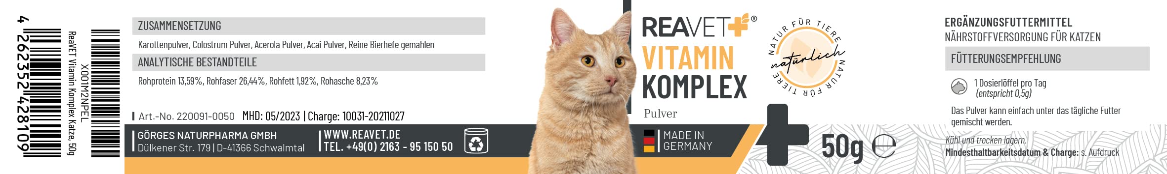 ReaVET Complejo de vitaminas 50 g, vitaminas B para gatos, vitaminas para gatos, polvo multivitamínico para gatos, puramente natural, ideal como aditivo Barf