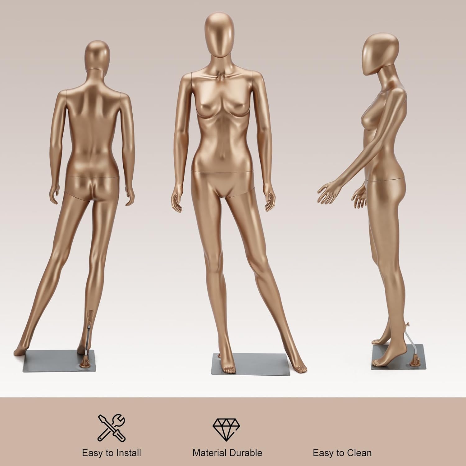 Female Mannequin Dress Full Body - 70" Realistic Mannequin Display Head Arm Rotation with Metal Base(Matte Gold)