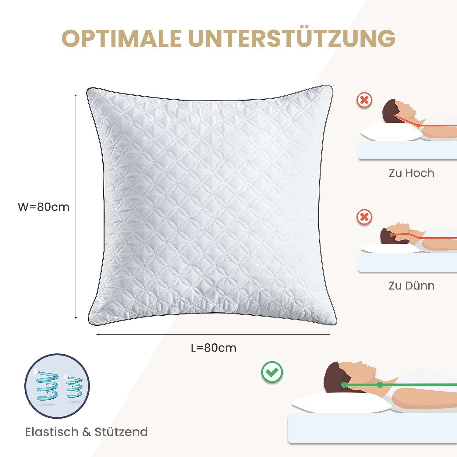 BedStory Kissen,Kopfkissen 80x80 cm 2er Set, orthopädisches Seitenschläferkissen mit Mikrofaser Füllung, atmungsaktives Schlafkissen Sitzkissen Sofakissen, weich Aber fest 2X 1500g