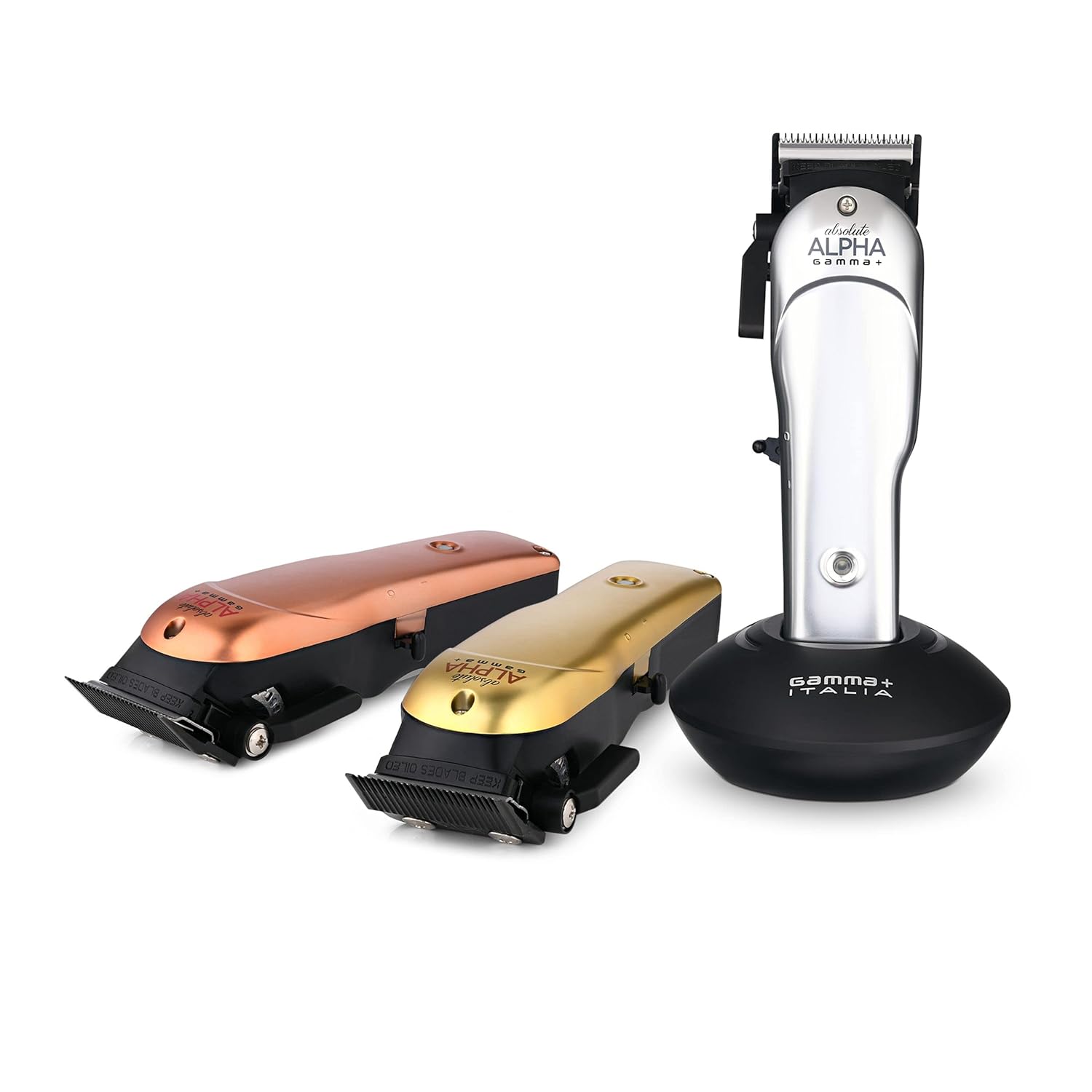 GAMMA+ Absolute Alpha Professional Modular USB Cordless Clipper with 5 Dub Magnetic Guards, Matte Silver, Rose Gold, and Gold