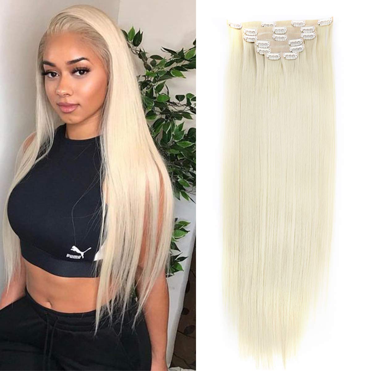 BHFSeamless Clip in Hair Extensions 24 inch Silky Straight Synthetic hair PU Clip in Extensions For Women 7pcs 150g (#613)