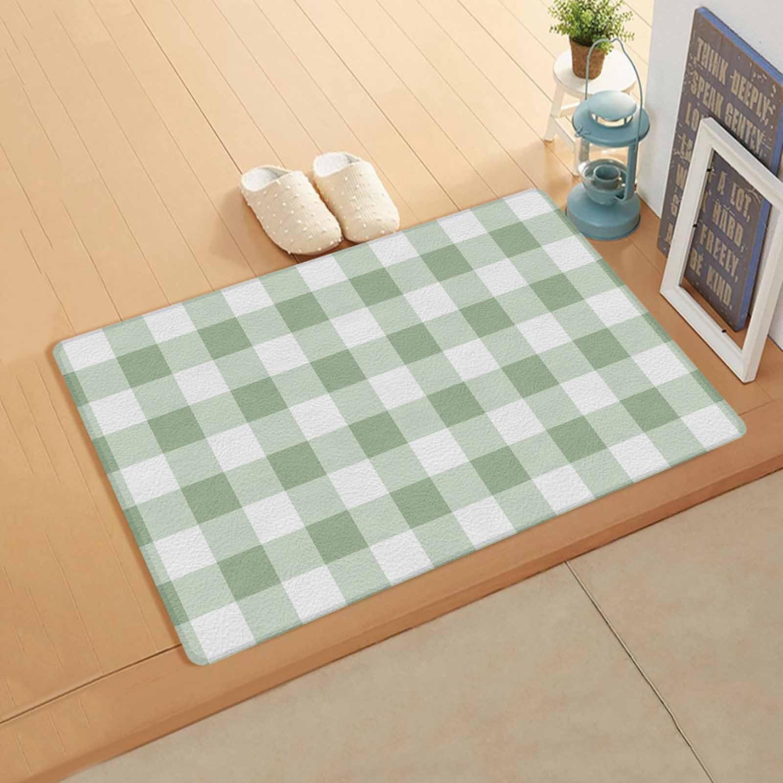 Sage Green Lattice Kitchen Bath Door Mat Cushioned Runner Rug,Washable Welcome Floor Sink Antifatigue Mat,Waterproof & Non-Slip Comfort Standing Doormat,Farmhouse Pastoral Buffalo White Check 18