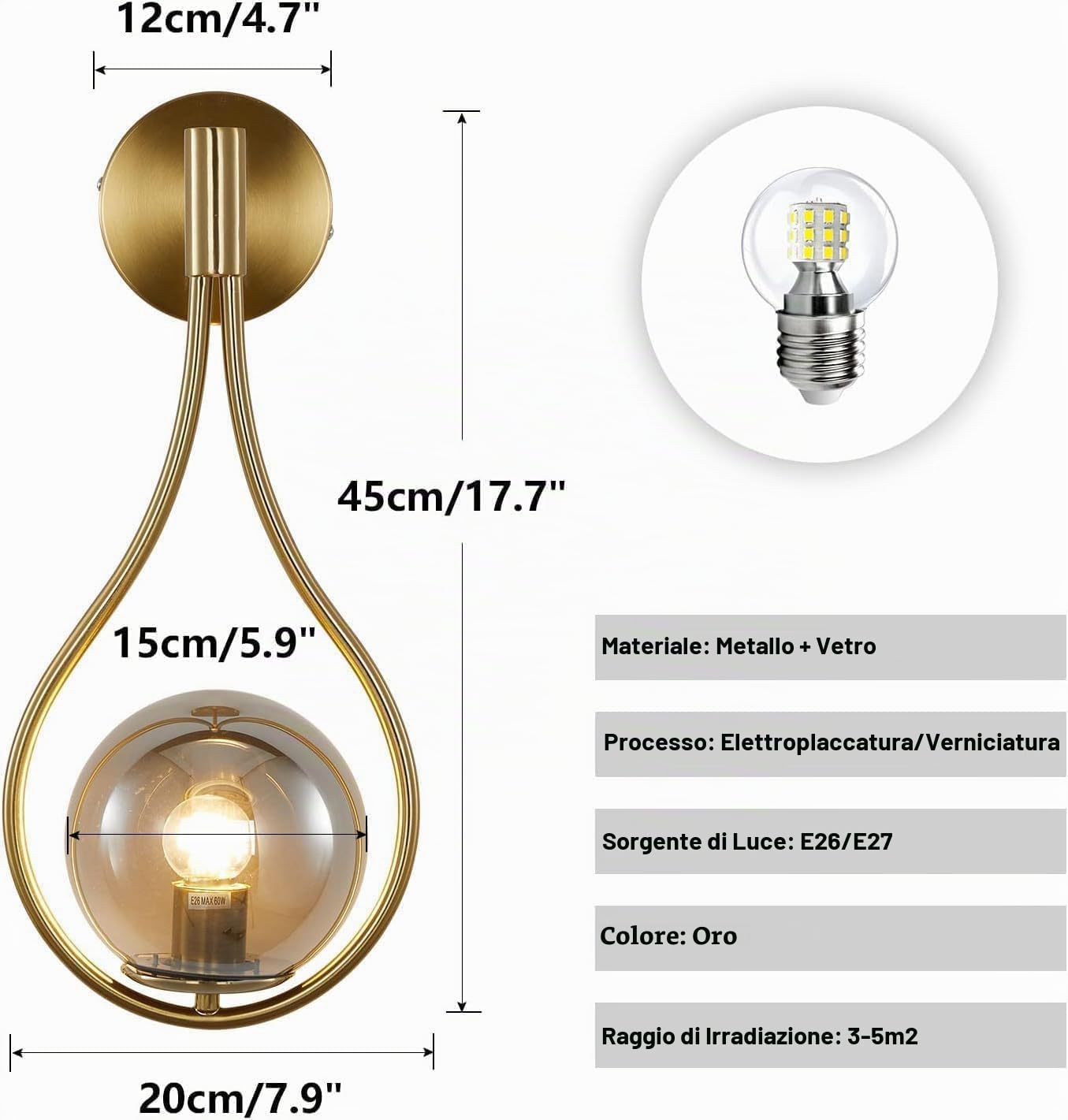 KCO Illuminazione Moderna Parete A Goccia Applique Vintage Oro Applique Da Parete Globo di Vetro Applique Da Parete In Ottone Applique Bagno Vanity Lampade Vetro Fumo Illuminazione Della Parete