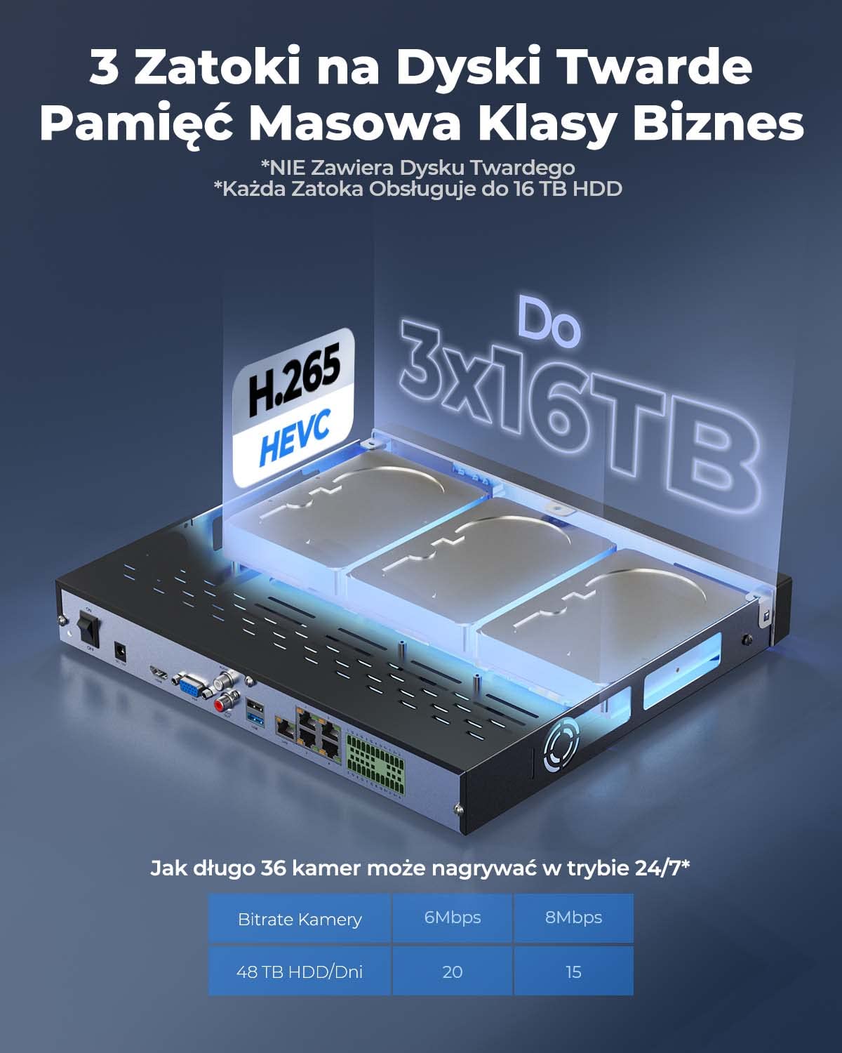 Reolink 12MP NVR 36-kanałowy system CCTV, 3 sloty na dyski twarde, brak w zestawie, obsługa kamer IP 12MP/4K/5MP/4MP HD Reolink Nagrywanie monitoring 24/7, zintegrowany system alarmowy O/I, RLN36