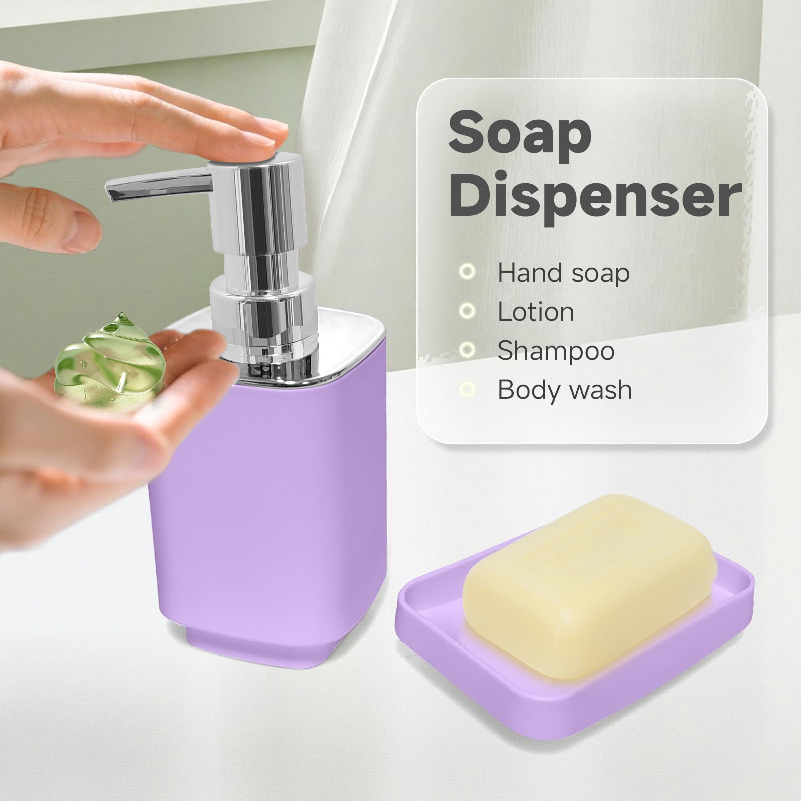 Juego de accesorios de baño de 4 piezas, juego de accesorios de baño de color morado claro, incluye soporte para cepillos de dientes, dispensador de jabón, jabonera y vaso para cepillos de 4