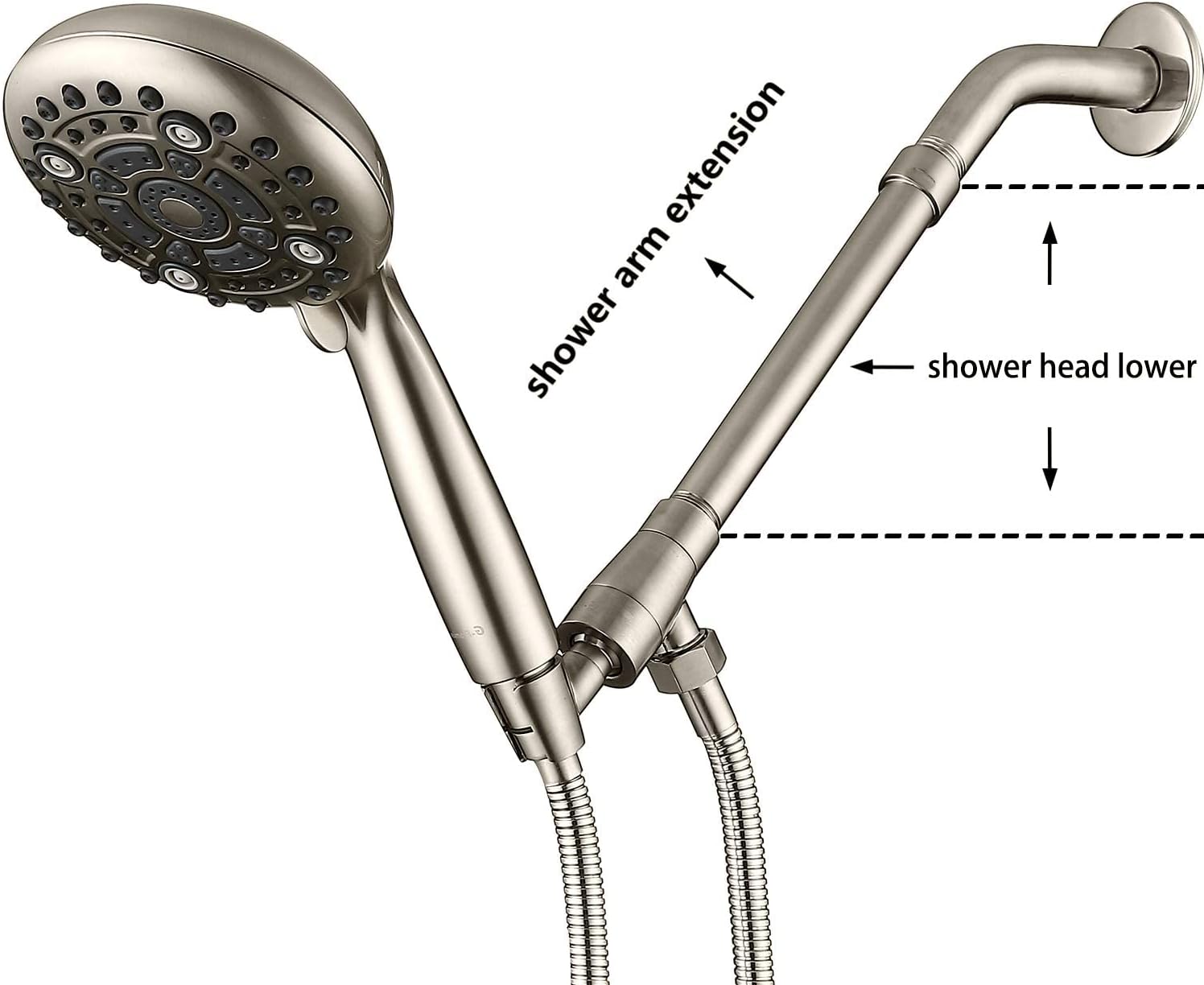 G-Promise 7 Inch Solid Brass Shower Arm Extender, Lower Shower Head (Brushed Nickel)