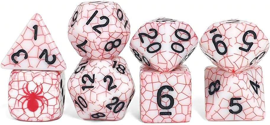 Spider Web Pattern Polyhedral Dice Set, 8 Pieces, Multiple Colors Available, DND RPG Gaming Dice with Spider Design (Red)