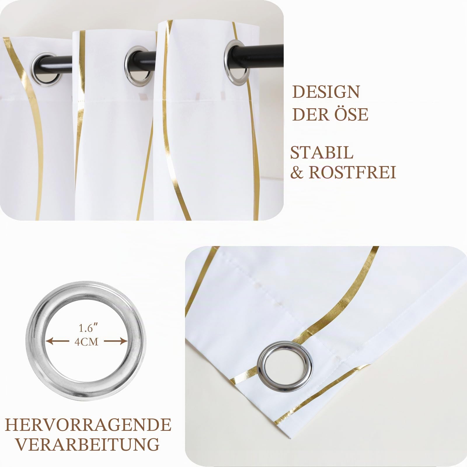 L.Z.E Vorhang Sichtschutz Gold Weiss, Gardinen Gold Weiß für Wohnzimmer Schlafzimmer, Ösen Vorhänge mit Wellenmuster, 2er Set Lichtdurchlässig Fenster Gardine (LZE2251E-WG225)