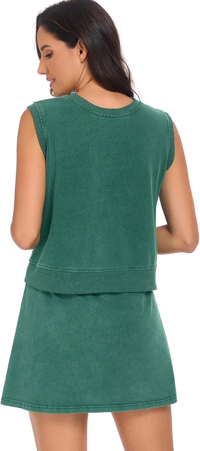 Women's Summer Two Pieces Lounge Set Wash Cotton Sleeveless Tank Top Skort Set Trendy Split Athletic Skirt Shorts Outfits - Image 4