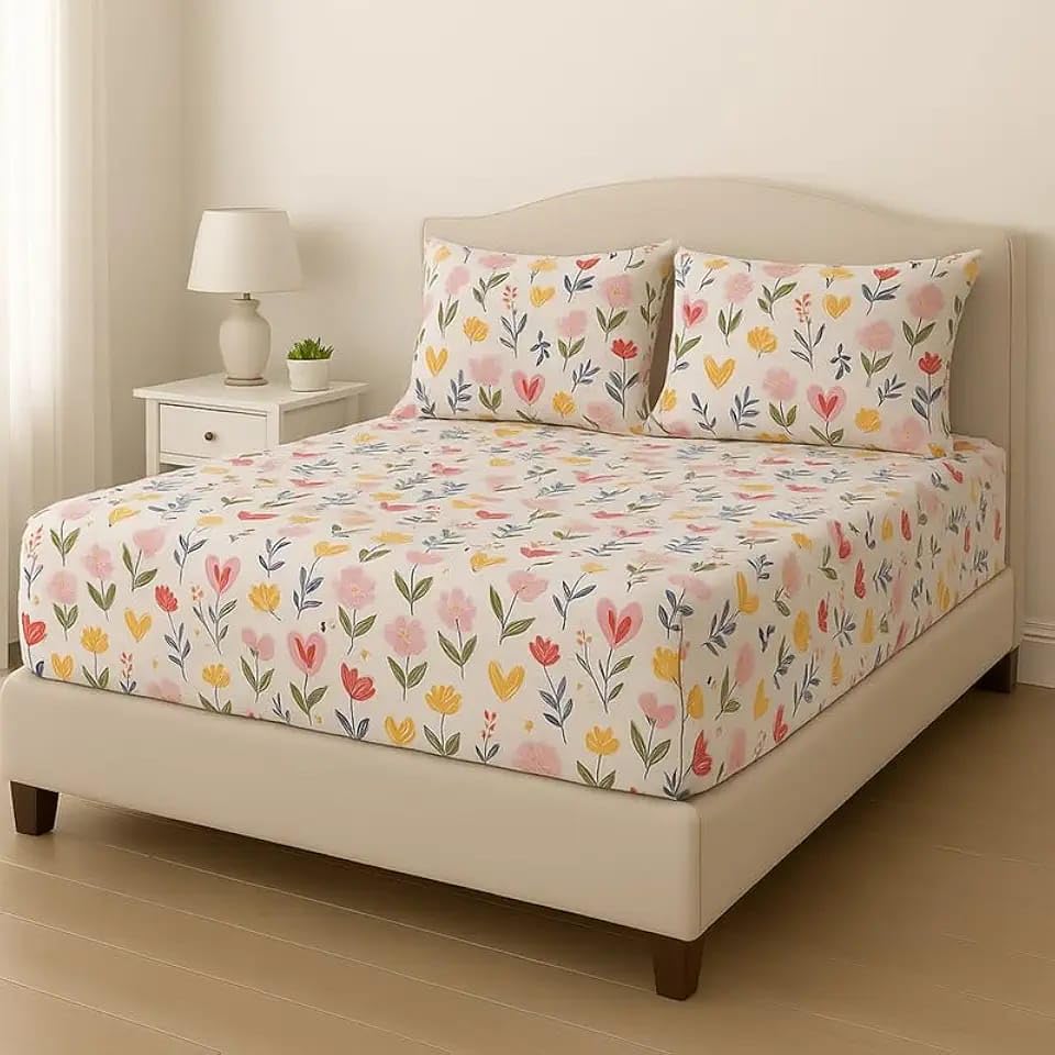 Geeta Presents Premium Cotton Elastic Fitted Geometric Bedsheets with 2 King Size Pillow Covers | Double Bed with All Around Elastic 180 TC Supersoft | (72"X78", 180-200 TC A1519-image-33