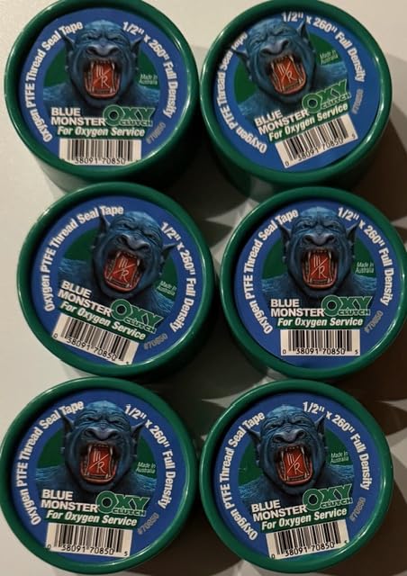 Six Pack - 70850 Blue Monster for Oxygen 1/2" x 260" Green PTFE Thread Seal Tape Blue Monster for Oxygen Service Oxy Clutch Full Density