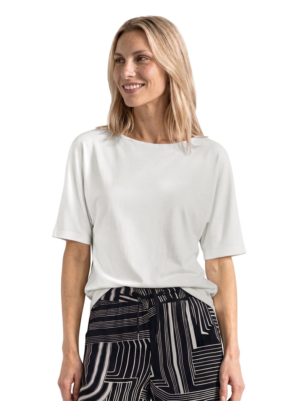 Street One Women's 3231963 Basic Shirt with Boat Neck and Elastic Waistband (Pack of 1), Off White, 12