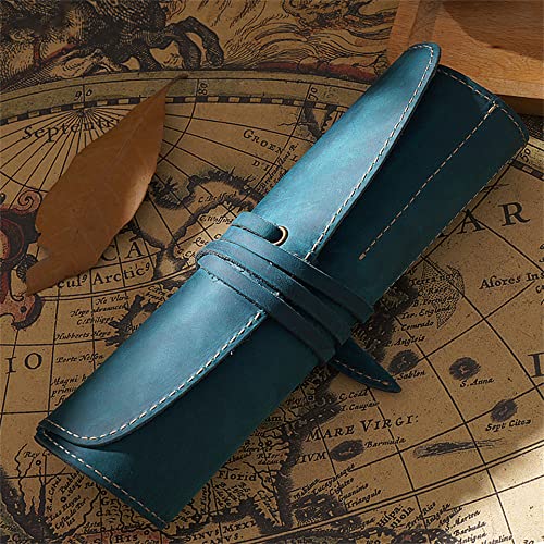 Image of Vintage Genuine Leather Pencil Roll - Pencil Storage Case /Pouch Organizer Handmade (Blue)