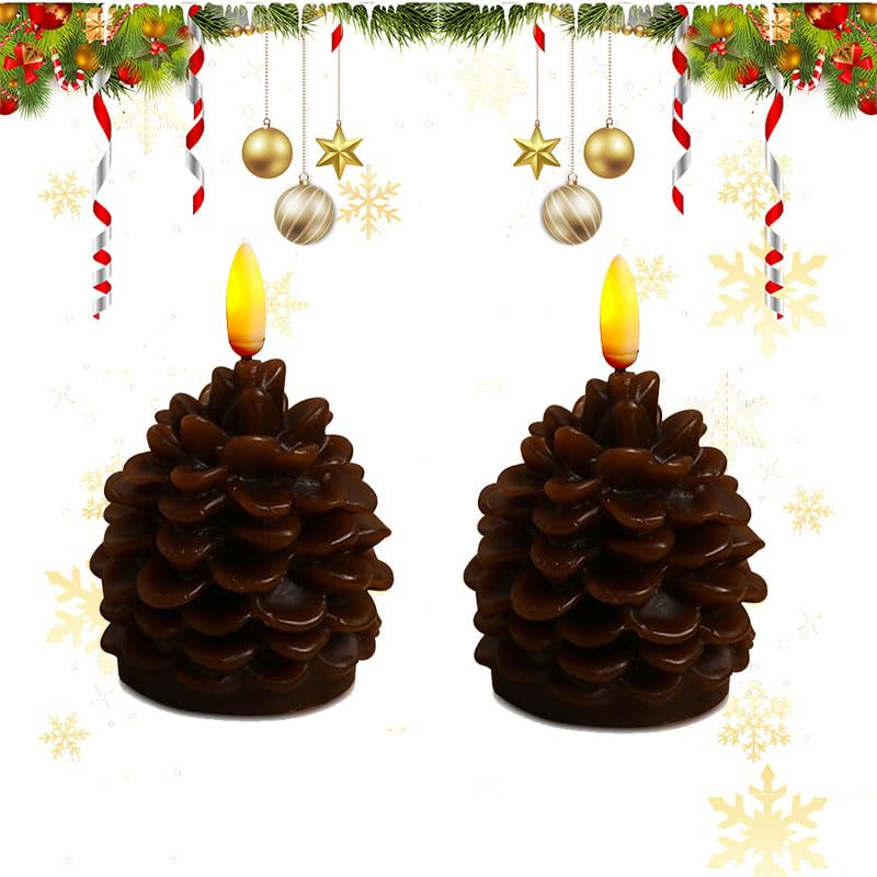 Christmas Flameless Candles, 2Pcs Pine Cone Flameless LED Candles Chrismas Pinecone Lights Battery Operated Decorative Candles Lights for Parties, Weddings Halloween, Christmas (Coffee,6*10cm)