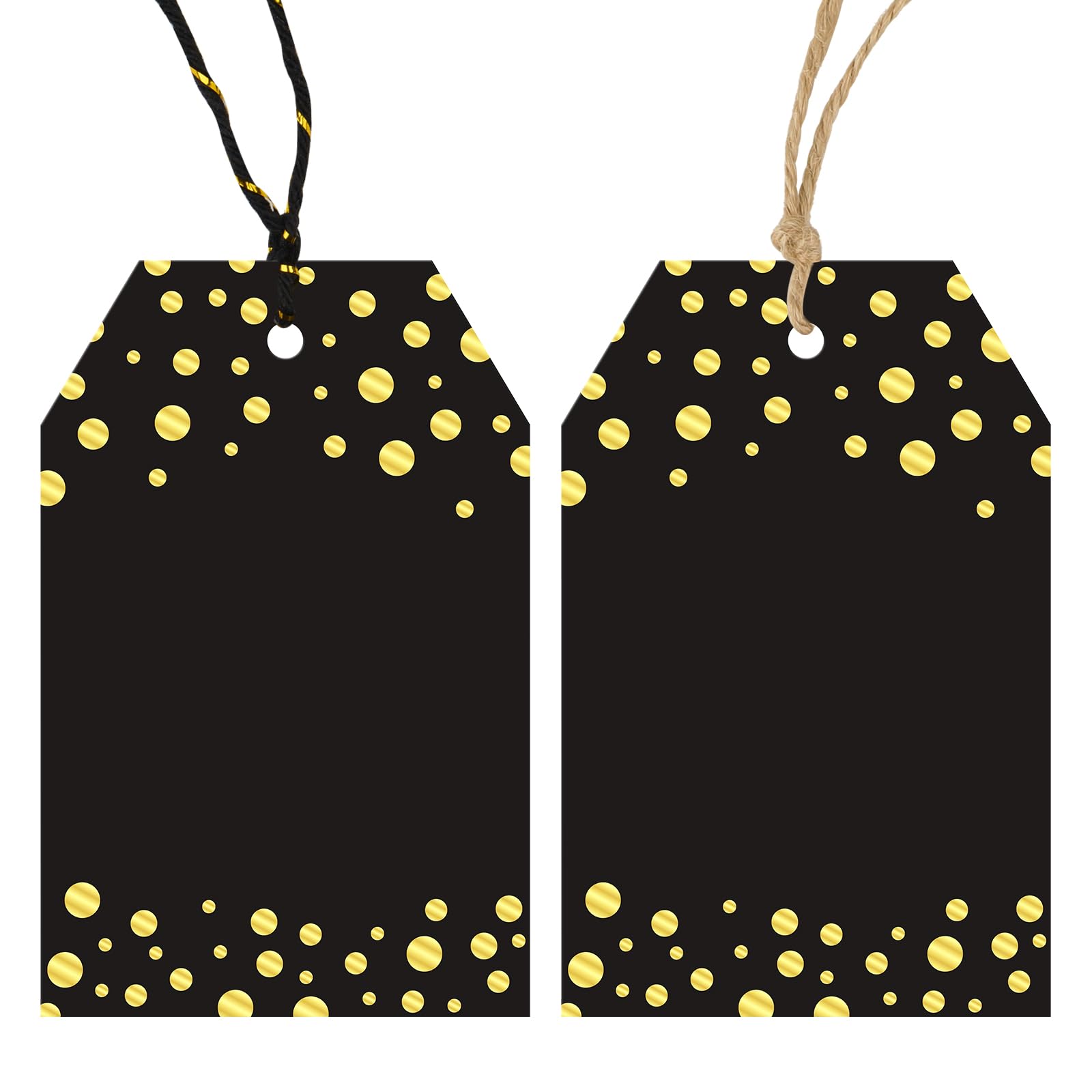 Anwyll Gift Tags with String - 100Pcs Gold Foil Metallic Confetti Polka Dot Gift Bag Tags Personalized Black Blank Hang Paper Label Tag for Birthday Party Bridal Shower Wedding Christmas Favor Present