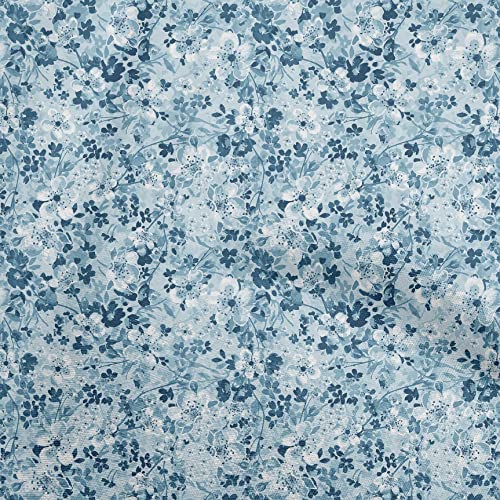 oneOone Cotton Cambric Teal Blue Fabric Floral Sewing Fabric By The Yard Printed DIY Clothing Sewing Supplie 42 Inch Wide-8398