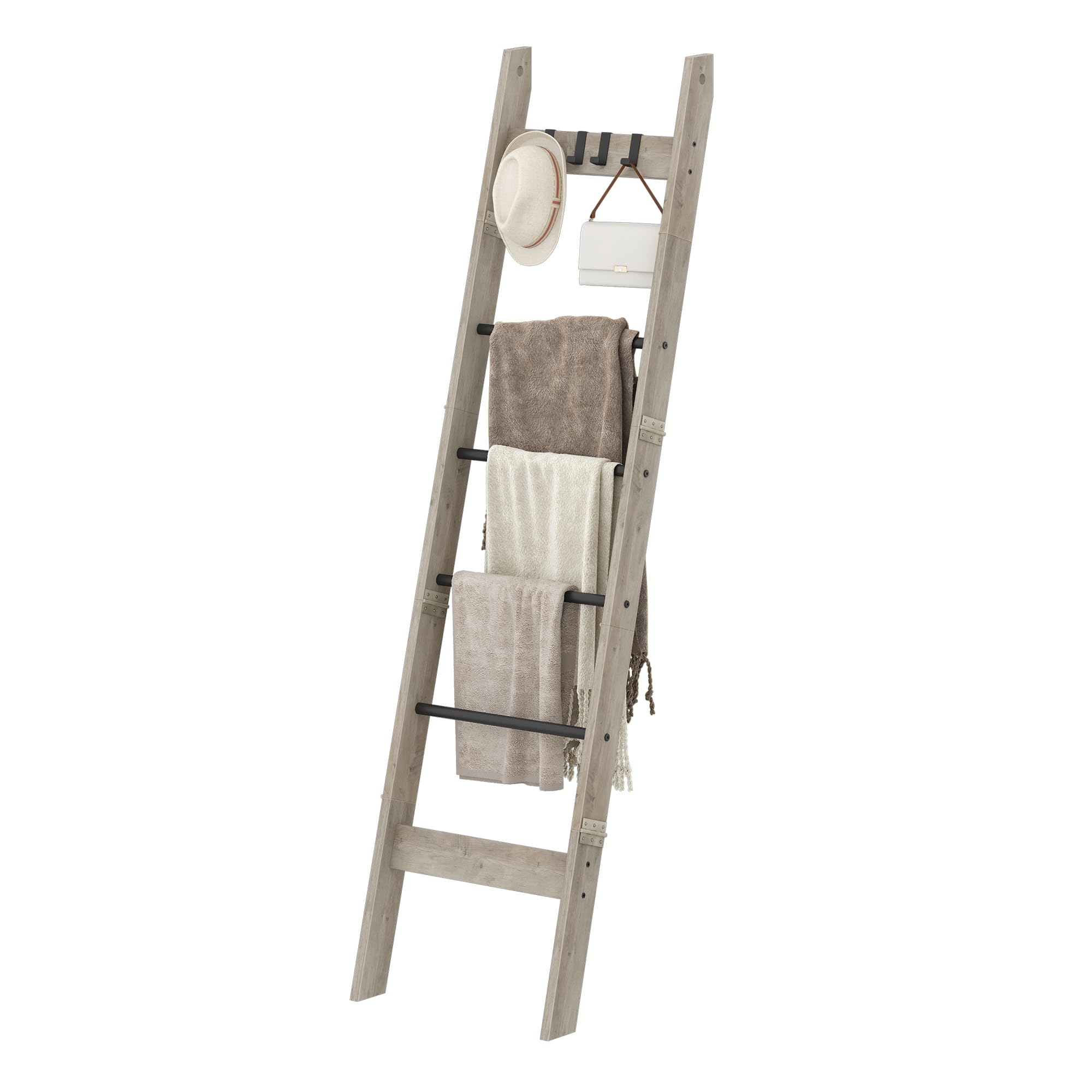 Blanket Ladder for Living Room, Decorative Quilt Rack with 4 Removable Hooks, 6-Tier Farmhouse Ladder Holder Shelf Organizer for Bedroom, Greige and Black BR31505BThe Forest Stewardship Council