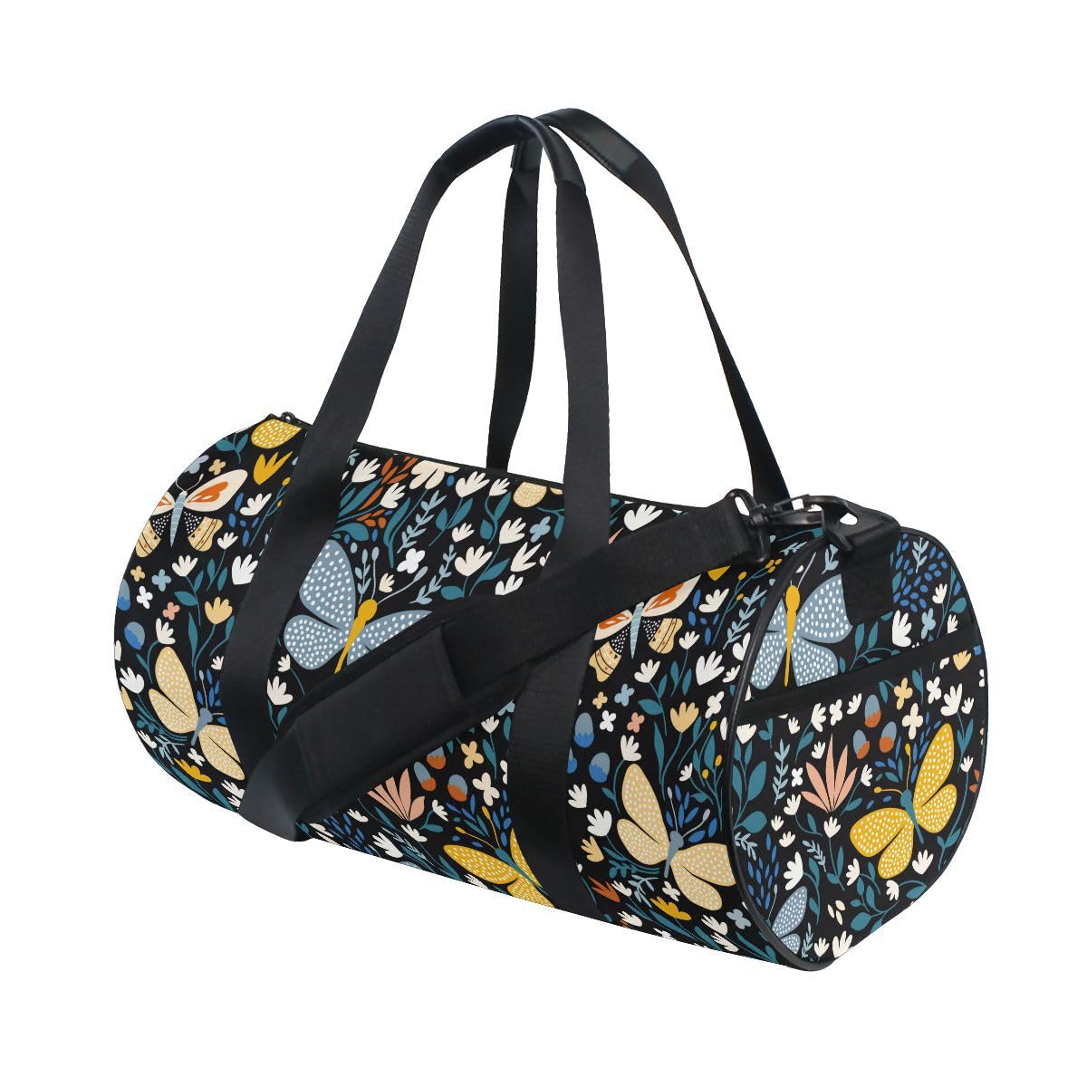 ALAZA Gym Bag Travel Bag Womens Mens for Travel Sports Camping Yoga Swim, Butterflies Flowers Floral Small Round Foldable Duffle Bag with Shoulder Strap Top Handle