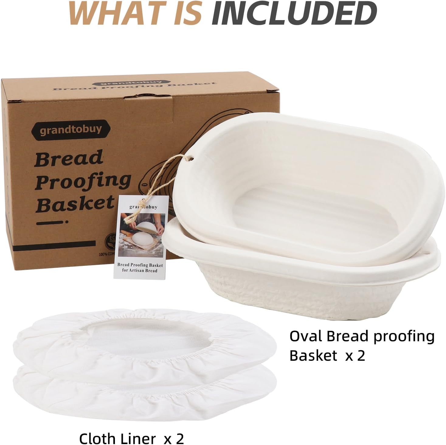 2x 11inch Oval Pulp Bread Proofing Basket Sourdough Banneton Brotform with Linen Liner Cloth Cover Baking Supply For Professional and Homemade Artisan Bread - Image 2