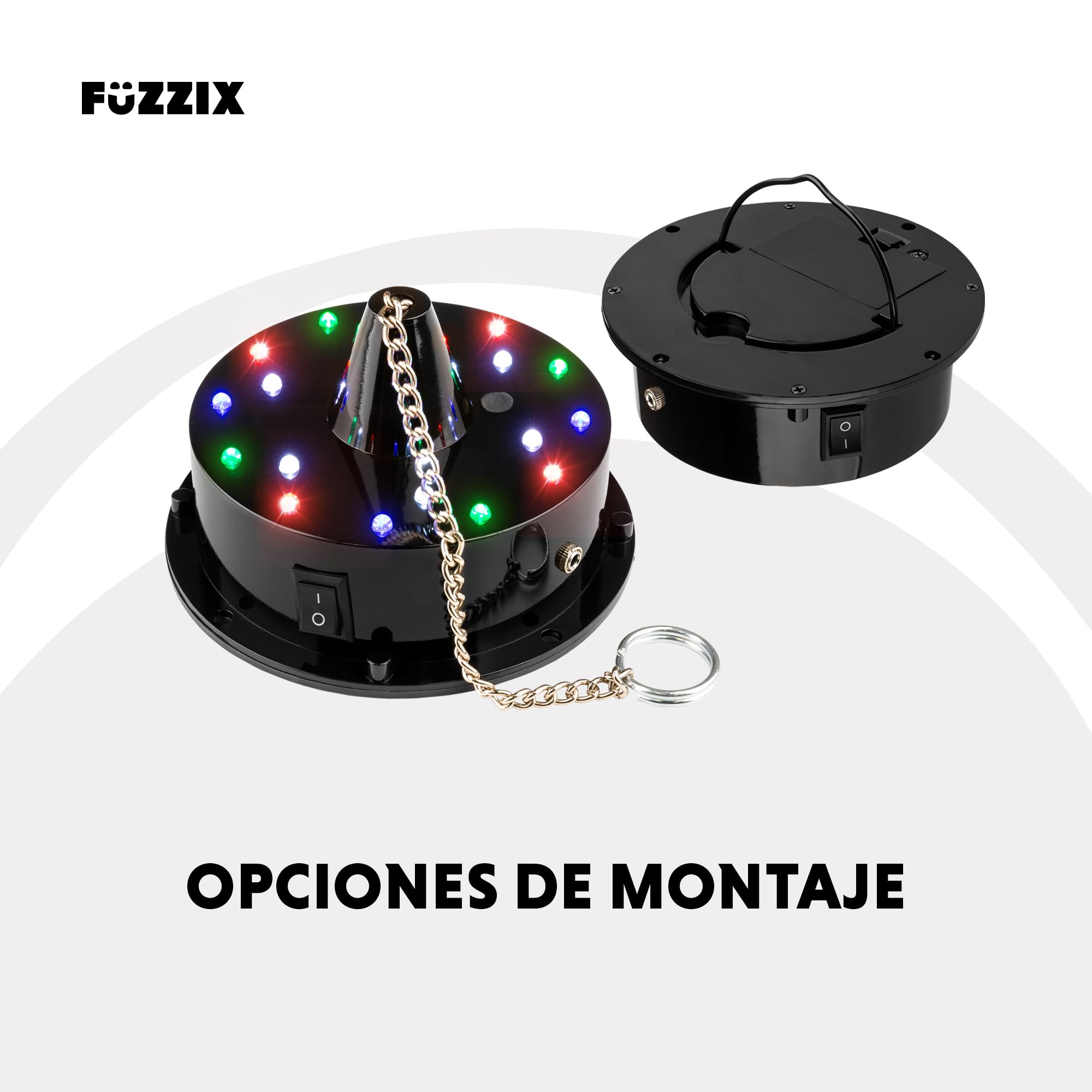 Fuzzix MB20ML Bola de discoteca. Bola de espejos a pilas de 20cm con motor LED giratorio. Bola disco para colgar con LEDs. Ideal para discoteca, bodas, fiestas, cumpleaños, salón de baile.
