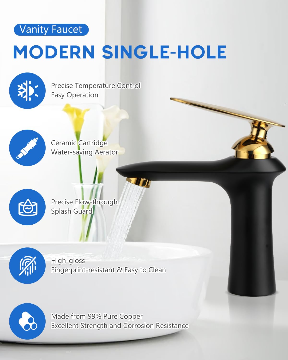 Robinet Salle de Bain Robinet Lavabo,Moderne Design Elégant Mitigeur Lavabo Noir en Laiton Eau Chaude et Froide Disponible