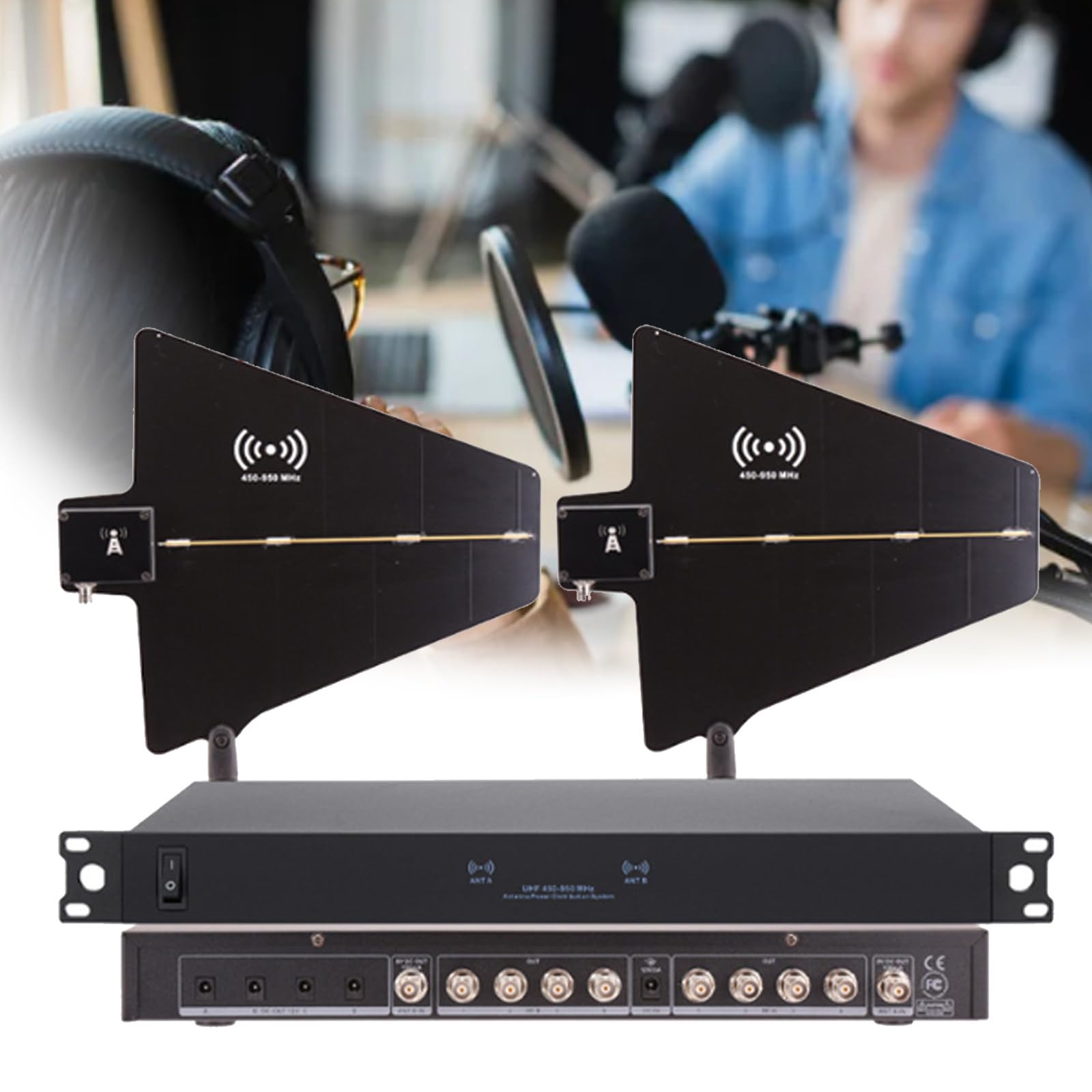 Sistema di distribuzione di antenne wireless a 8 canali per microfono wireless UHF, antenna attiva a paletta, 8/16 uscite + 2 porte di cascata, amplificatore di segnale per microfono a 16 ingress