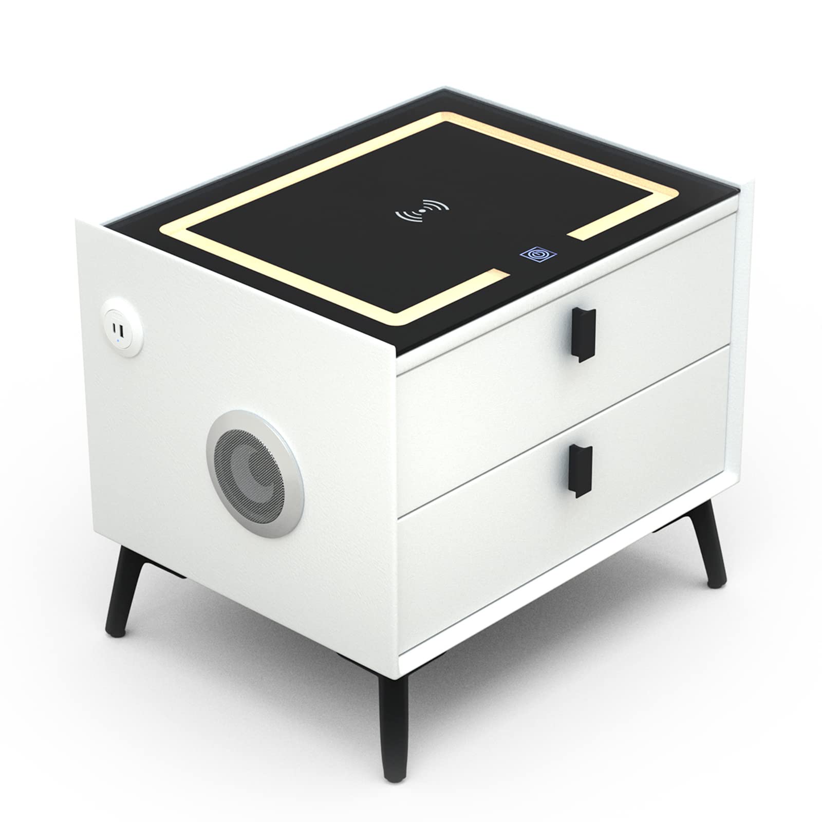 Nightstands with Wireless Charging Station, USB Port, 3 Color LED Lights and Speaker, Modern Wooden End Side Table for Bedroom, Dorm and Living Room, 2 Storage Drawers