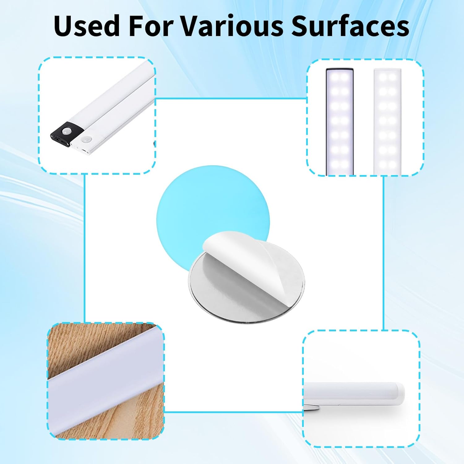 Sibba Under Cabinet Lights Magnetic Sticky 12 PCS Stainless Steel Metal Strips with Adhesive Backing Silver Round & Rectangle Metal Strip Tape Iron Sheet for Magnetic LED Light & Under Counter Lights