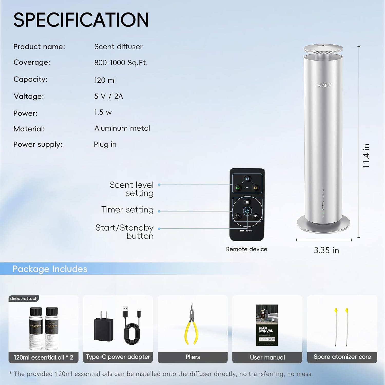 Waterless Scent Diffuser Kit-Include 2x120ml Essential Oils, Essential Oil Diffuser for Home, Hotel & Office, APP&Remote Control, Quiet Operation, Pets and Kids Friendly, Coverage 1000 Sq Ft