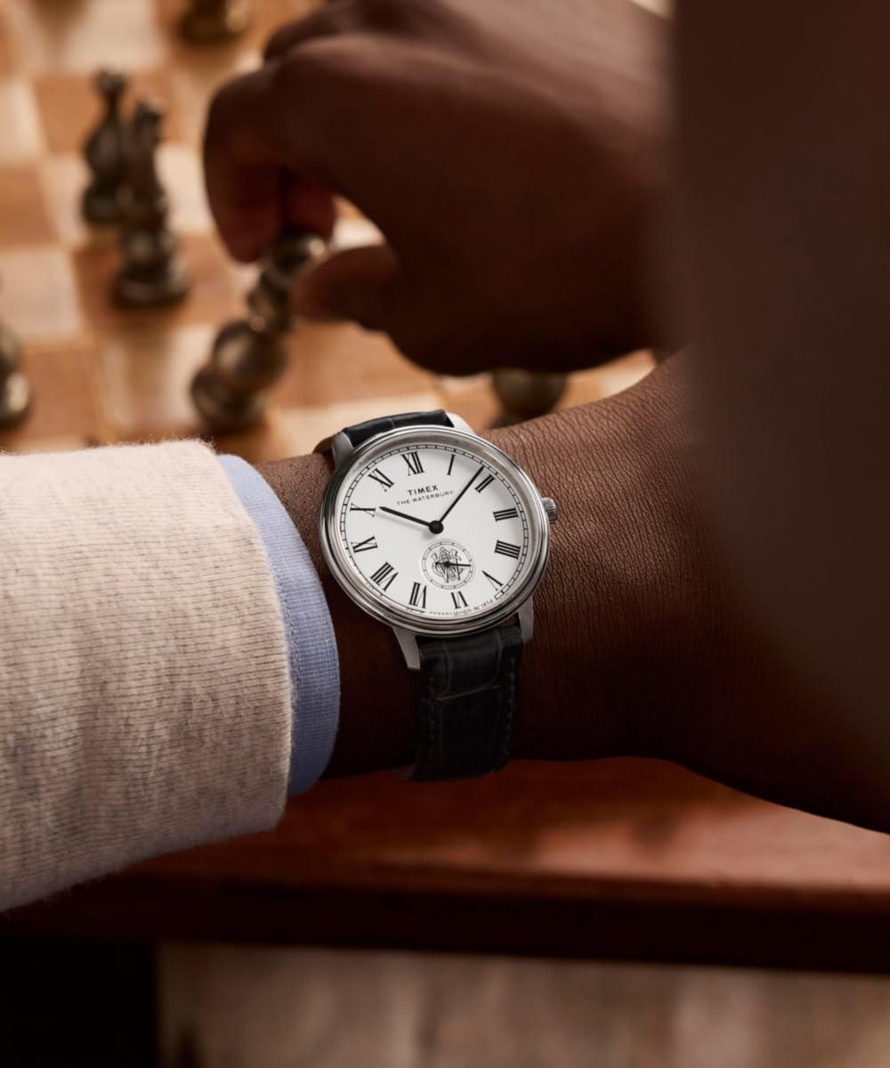 Timex Waterbury Metropolitan Sub-Second Tw2Y23100 Zegarek Męski, 39 mm, Czarny Skórzany Pasek, Tarcza w Odcieniu Srebra i Koperta ze Stali Nierdzewnej