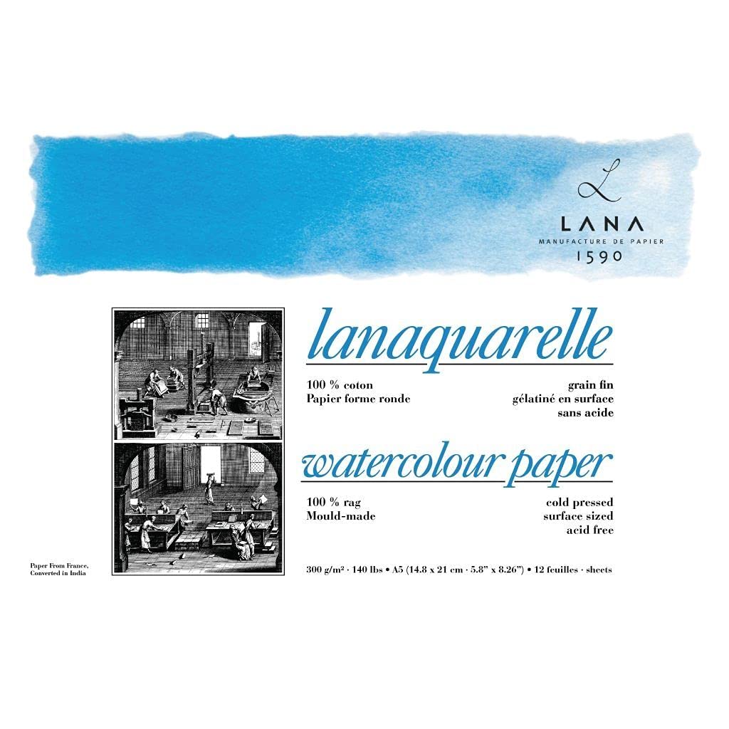 Lana Artists' Watercolour - Lanaquarelle - A5 (14.8 cm x 21 cm) Natural White Fine Grain/Matt Surface/Cold Press 300 GSM Paper, PolyPack of 12 Sheets