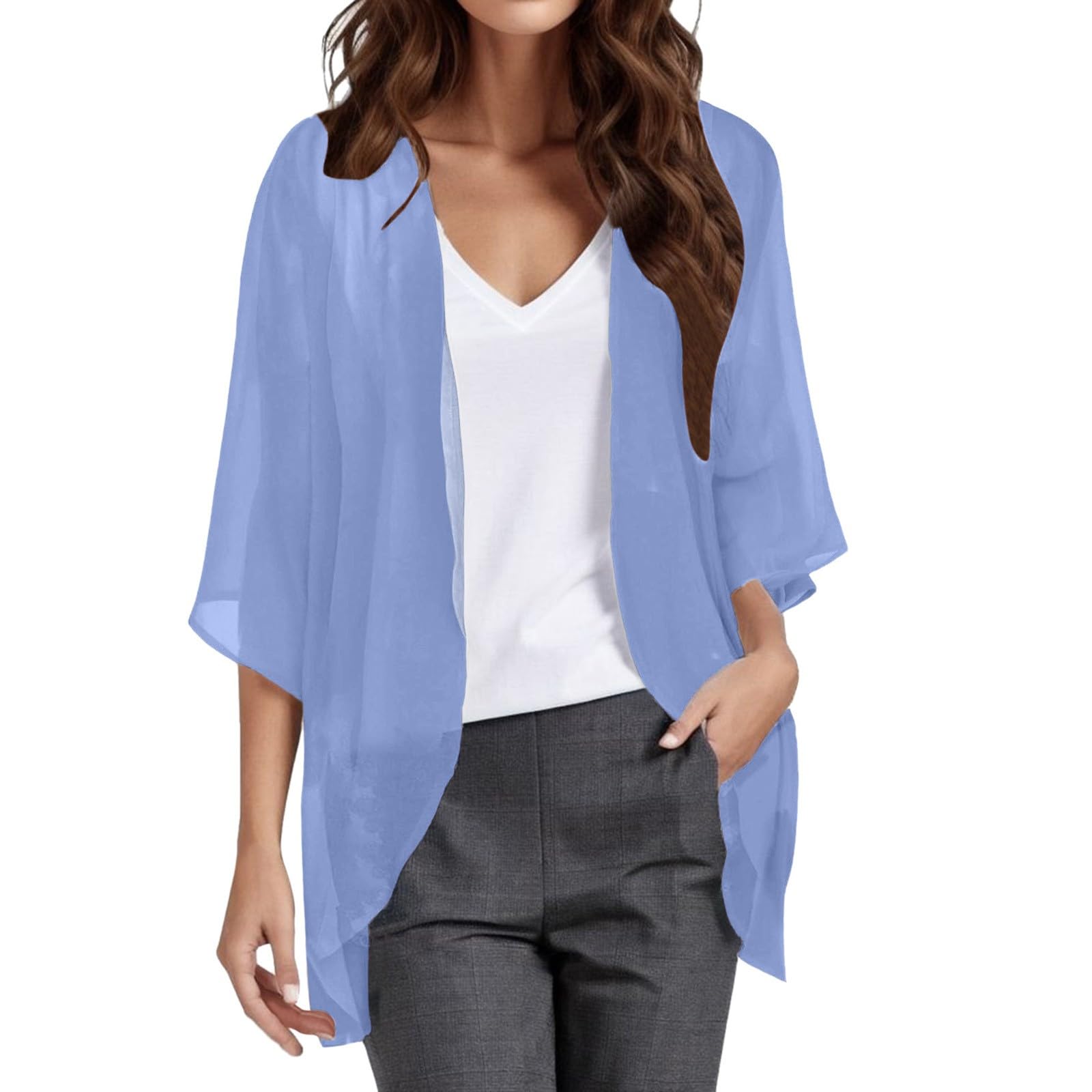 Bauzuoyo Bolero largo de gasa para mujer, para verano, ligero, manga 3/4, cárdigan de punto frente abierto para la playa, kimono de gasa, monocolor, protección solar, cárdigan floral, ropa de playa, bikini,