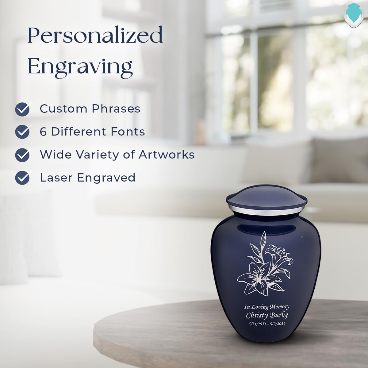 Geturns Embrace Small Personalized Lily Cremation Urns for Human Ashes I Cobalt Blue Funeral Urn for Women and Men I Holds up to 44 Cubic Inches