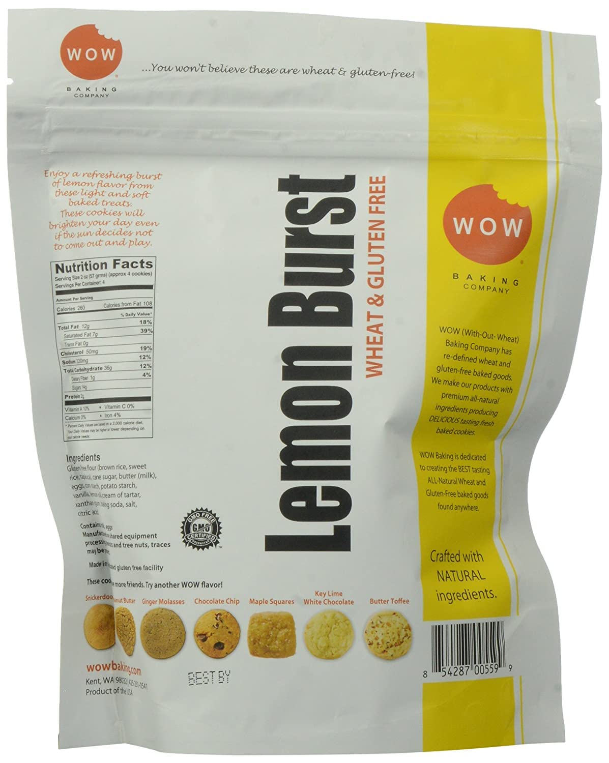 WOW Baking Company Gluten Free Cookies, Lemon Burst, 8 oz, Pack of 4
