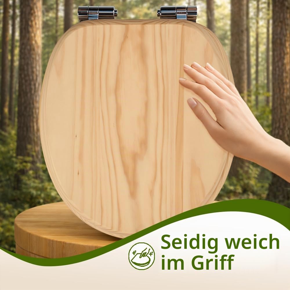 WC-Sitz aus Massivholz – Kiefer, mit Absenkautomatik, Schnellverschluss & Easy-Clean, Soft-Touch – PIKLiDS