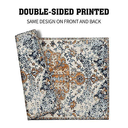 Image of Brown Navy Blue Ethnic Boho Placemats Set of 4 Bohemian Carpet Vintage Gold Black Tan Floral Linen Washable Kitchen Dining Table Mats Stain Heat-Resistant Desktop Place for Home Party 12x18 in